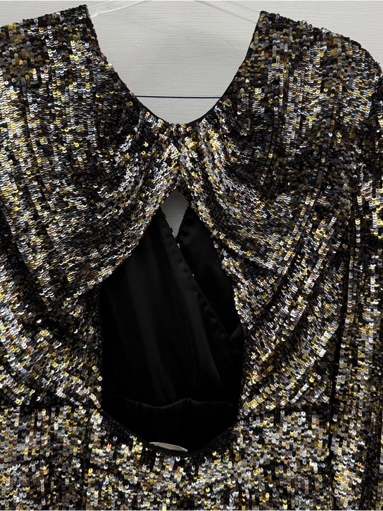 Parker Silk Sequin Mini Dress Gold Black Long Sleeve V Neck Party L - Picture 7 of 15